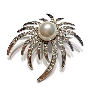 Silver Splash Statement Brooch Brilliant White Rhinestones & Faux Pearl Bead